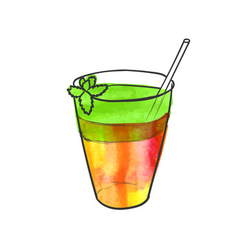 Vector Hand Drawn Glass with Smoothie and Mint Leaf, Watercolor Painting Isolated, Two-layer Cocktail Sketch.
