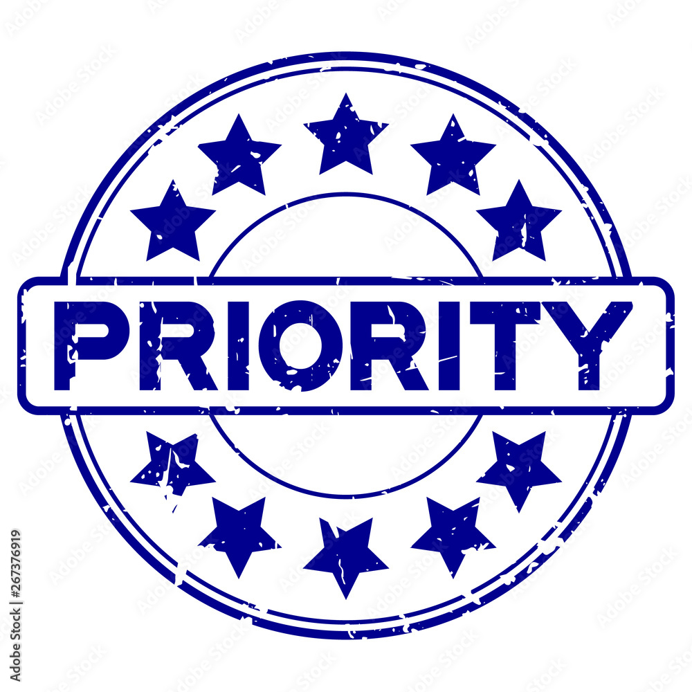 Poster Grunge blue priority wording round rubber seal stamp on white background