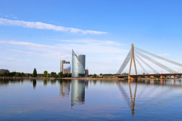 Skyline view of left bank, Kipsala island, and Vansu bridge, Riga, Latvia