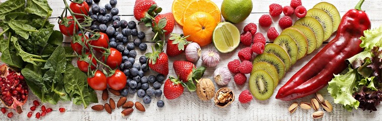 Healthy food. Selection of fruits, berries,vegetables, cereals and nuts for healthy eating concept. 