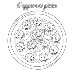 Pepperoni pizza with sausages. Object for packaging, advertisements, menu. Isolated on white. Vector illustration. Cartoon. Black and white.