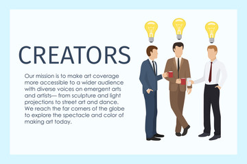 Male creators standing together with cups of coffee banner vector illustration. Lamp as sign of idea. Workers in formal suits having break. People having discussion in team