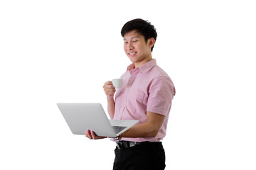 Asian young businessman has standing and working with a cup of coffee on isolated on wihte background.