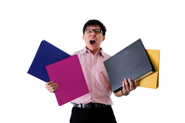 Asian young businessman has standing and holding many documents and folders with upset on isolated on wihte background.