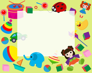 Obraz na płótnie Canvas Horizontal frame border with colorful toys in cartoon style banner vector illustration. Place for photo, picture, certificate. Childish design with doll, duck, elephant, boat, ball.