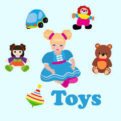 Girl sitting among toys. Colorful things in cartoon style for kids banner vector illustration. Childish design with doll, clown, bear, car for textile, fabric, wrapping paper.