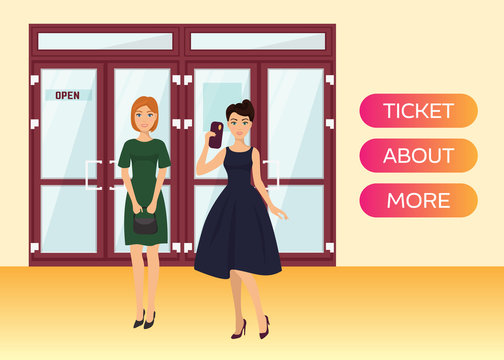 Woman buying cinema or theatre tickets banner vector illustration. Website design with online service. Girls standing near entrance to building. Template with buttons. Elegan outfit.