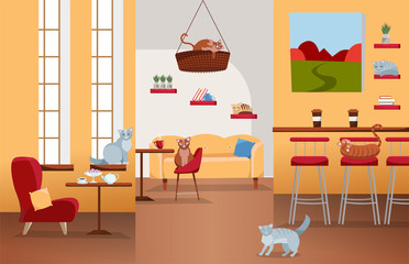 Interior of cat cafe with large windows, comfortable red chair, tables with tea and coffee. Many cats on furniture and cat house with color scratching rope. Flat cartoon style illustration