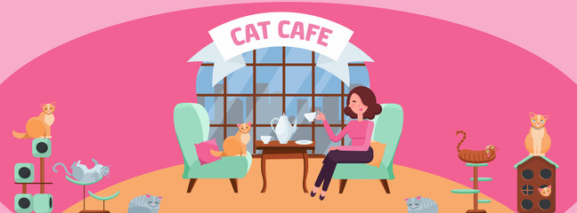 Fb Cover Web Banner Social Media Design Welcome to cat cafe Template on white background.Cats sit on stylish chairs at cafe table, on cozy red soft chair. Flat cartoon illustration
