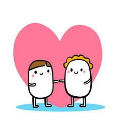 She and he hand drawn card illustration in cartoon style. Men women dating. Holding hands. Vector minimalism