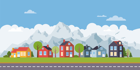 Rural village flat design landscape banner vector illustration
