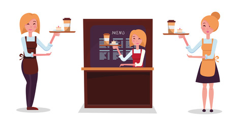 Girl blonde waiter. Set of three waitresses: in skirt, in trousers, behind the counter. Character holds tray with order: paper Coffee Cup and cake. Cute smiling face. Flat cartoon illustration