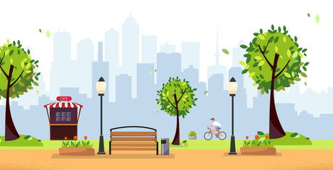 Summer park. Public park in the city with Street Cafe, Fast Food Restaurant against high-rise buildings silhouette. Landscape with cyclist,trees, lights, wood benches. Flat cartoon illustration - obrazy, fototapety, plakaty