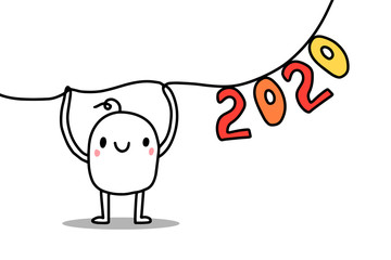Happy cartoon man holding garland with 2020 number. Vector hand drawn new year illustration