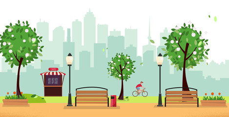 Spring park. Public park in the city with Street Cafe against high-rise buildings silhouette. Landscape with cyclist, blooming trees, lanterns, wood benches. Flat cartoon illustration