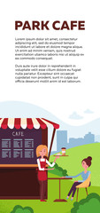 Vertical brochure design for park cafe. Takeaway kiosk with waitress. Girl is sitting at table in summer cafe. Waiter in a summer cafe take the order of the visitor. Flat cartoon illustration