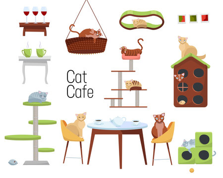 Set Of Items For Cat Cafe From Different Cats And Furniture - Cat Houses And Tables With Cups Of Coffee On White Background. Cats Sit At The Table And Drink Tea. Flat Cartoon Style Illustration