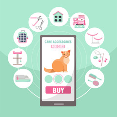 Online shopping of pet care accessories for cats. 9 categories of goods for cats: claw nippers, food, houses, scratching post, brush, toilet, carrying, toys, Flat cartoon illustration
