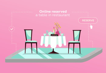 Online reserved table in cafe. Concept Reserved in restaurant. Flat restaurant table on smartphone. online mobile reservation app concept. Flat cartoon illustration