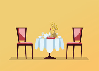Reserved restaurant round table with white tablecloth, wineglasses, wine bottle, pot, cuts, reservation tabletop sign on it and two soft chairs. Flat cartoon illustration on yellow background