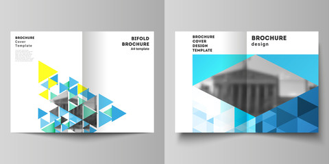 The vector layout of two A4 format cover mockups design templates for bifold brochure, magazine, flyer, booklet, annual report. Blue color polygonal background with triangles, colorful mosaic pattern.