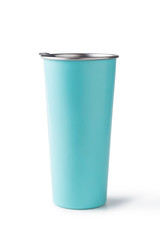 Blue aluminium water glass isolated white background with clipping path.