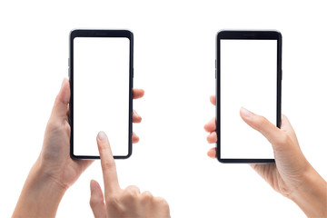 Set of woman hand holding the black smartphone and touching on blank screen isolated on white background with clipping path.