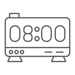 Electronic alarm clock thin line icon, digital and hour, clock display sign, vector graphics, a linear pattern on a white background.