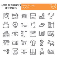 Home appliances line icon set, household symbols collection, vector sketches, logo illustrations, utensil signs linear pictograms package isolated on white background.