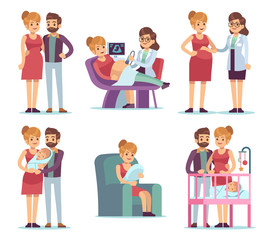 Pregnancy maternity set. Pregnant woman visiting physician medical examination gymnastics newborn baby happy family vector characters