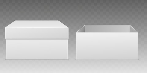 Realistic packaging boxes. Empty white box mockup, consumer cardboard package paper wrap open closed carton container vector template