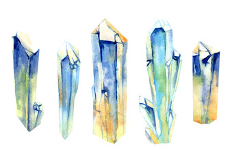 Set of watercolor crystals painted by hand. 