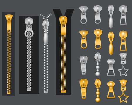 Metallic zippers. Realistic gold silver zipper, closed open zip pullers. Garment components zippered fabric accessories, vector set
