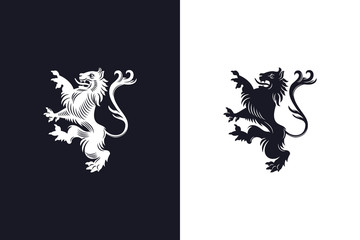Rampant heraldic lion design on light and dark backgrounds
