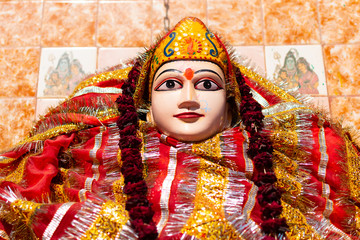 Oltar with Hindu goddess Mahankali idol, Hindu Temple near Ganga River, Varanasi, India