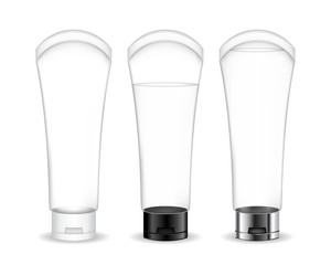 Transparent cosmetic tube for cream, gel, liquid, foam. Beauty product package. Vector illustration.