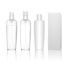 Transparent cosmetic plastic bottle with spray, dispenser pump. Liquid container for gel, lotion, shampoo, bath foam, skincare. Beauty product package. Vector illustration.