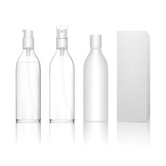 Transparent cosmetic plastic bottle with spray, dispenser pump. Liquid container for gel, lotion, shampoo, bath foam, skincare. Beauty product package. Vector illustration.