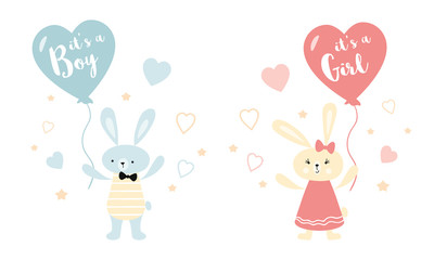 It's a boy it's a girl Vector greeting card. Baby shower card. Baby announcement card design element rabbit ballon