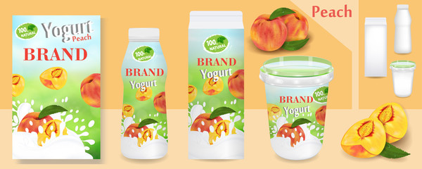 Natural peach Yogurt ads or packaging design. Template various packages for yogurt products. Applicable for branding, design presentation. Vector