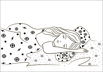  Girl sleeping in a bed. Bed linen with a floral abstract print. Scalable and editable vector illustration. Can be used in advertising fabric and bedding.
