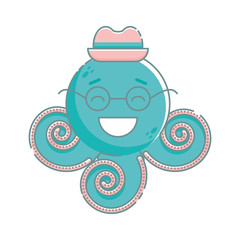 Isolated hipster octopus in flat linear style.