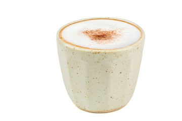 Side view of Hot cappuccino coffee in a vintage cup isolated on white background. (Clipping path inside)