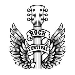 Rock festival. Guitar head with wings. Design element for poster, t shirt, emblem, sign, label.