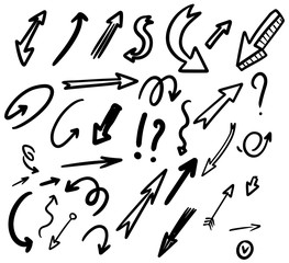 Set of hand drawn arrows isolated on white background. Design element for poster, card, banner, infographic.