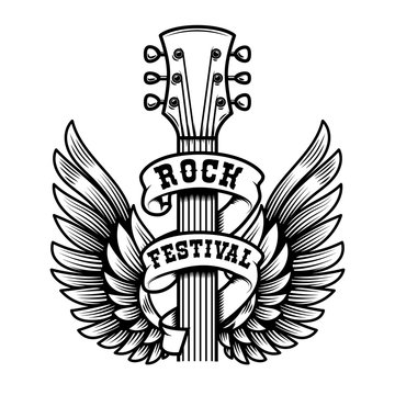Rock festival. Guitar head with wings. Design element for poster, t shirt, emblem, sign, label.