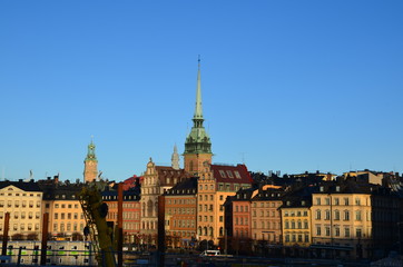 Fototapeta premium Stockholm city street panorama city stone blocks square shop road pavement signs road city streets city lights city mood 