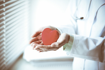 Close up of unknown female doctor with stethoscope holding heart near the window in hospital