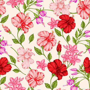 Tropical pattern with red and pink flowers.