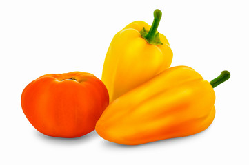 harvest Yellow Colored bell peppers and orange tomato over white background